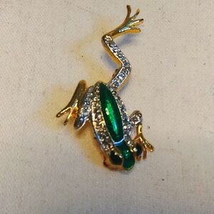 Vintage Frog Brooch Gold and Green Coloured with Faux Crystals and Enamel